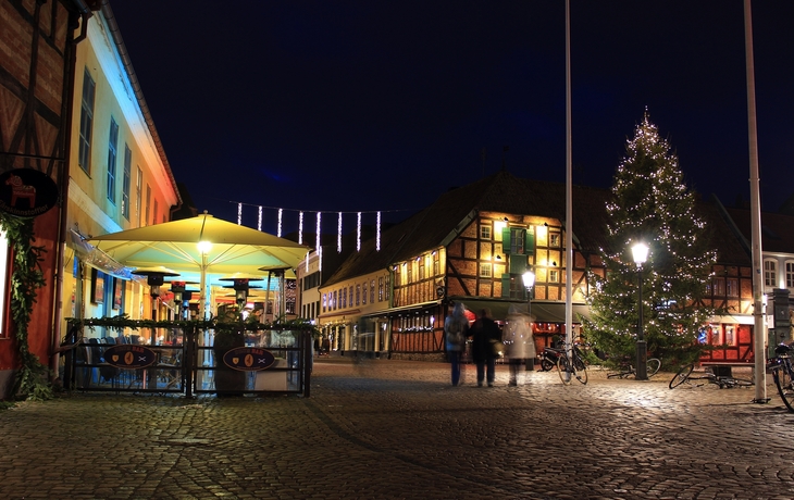 Weihnachtsbeleuchtung und Tannenbaum in Malmö bei Nacht