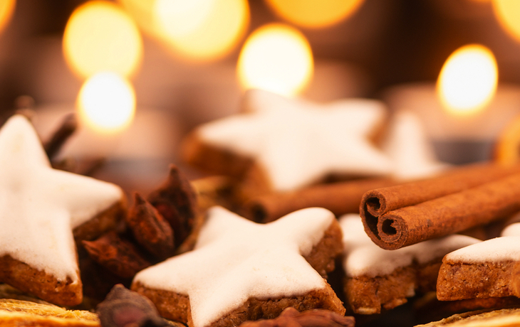 Weihnachtsschmuck mit Zimtstangen und Zimtsternen vor funkelndem Hintergrund.