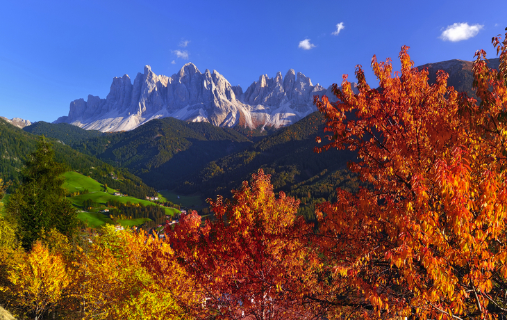 Herbstlandschaft im Villnößtal mit Geislerspitzen in den Dolomiten, Südtirol.