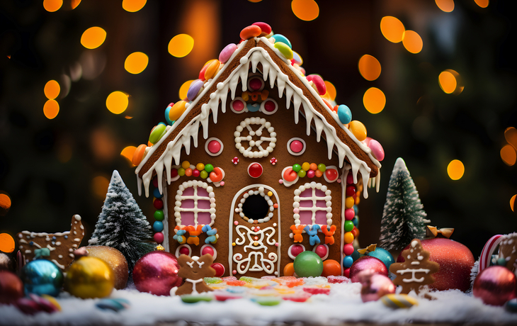 Lebkuchenhaus mit Zuckerguss und Weihnachtsdekoration im Hintergrund.