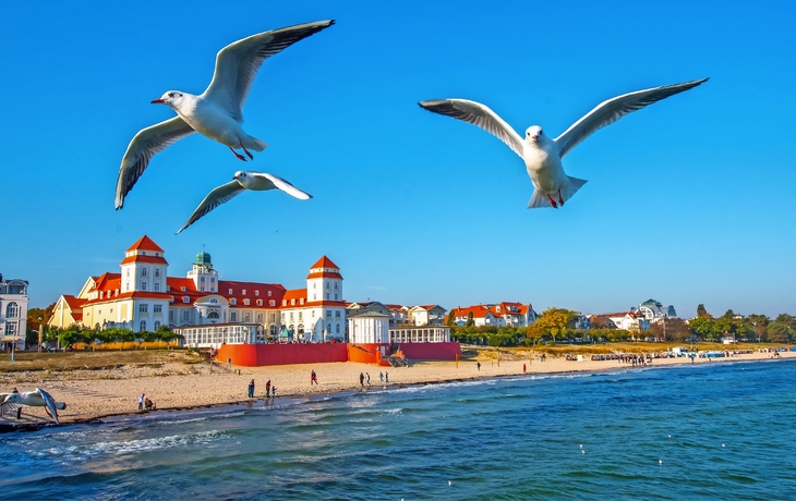 Strandpromenade in Binz, Rügen mit Möwen über dem Meer und historischen Gebäuden im Hintergrund.
