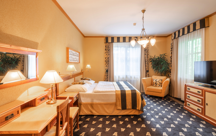 Hotelzimmer mit Doppelbett, Schreibtisch, Sessel, TV und Fenster mit Vorhängen.