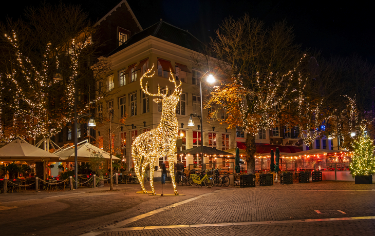 Städtische Platz bei Nacht mit leuchtender Hirschskulptur und Lichterketten.