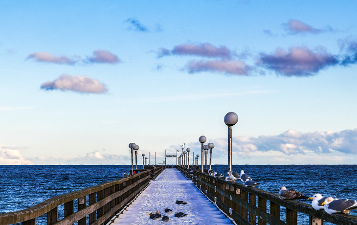 Verschneiter Steg führt ins Meer, Möwen sitzen auf Geländer, blauer Himmel.