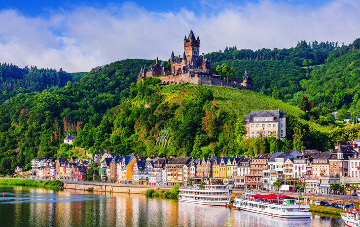 Stadt am Fluss mit Schloss auf Hügel, bunte Häuser und Boote.