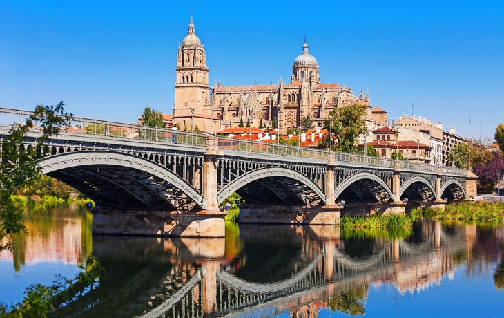 Steinerne Brücke über einen Fluss mit Kathedrale im Hintergrund bei klarem Himmel